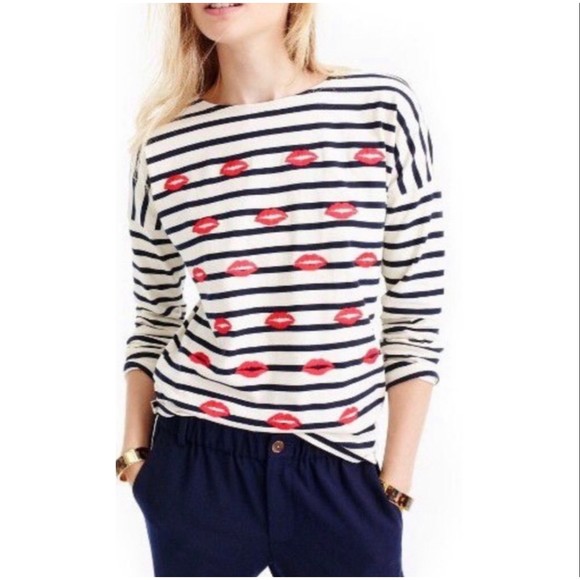 J.CREW Embroidered Kiss Striped Long Sleeve T-Shirt - Picture 1 of 6